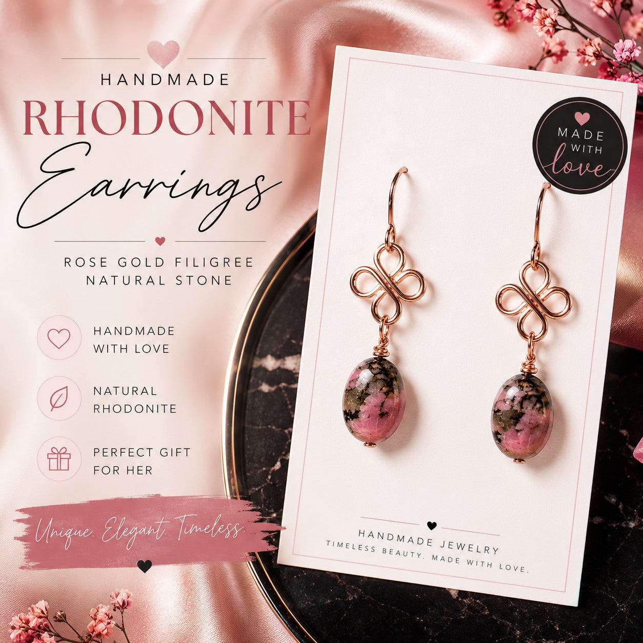 Handmade Rhodonite Earrings | Pink Gemstone Rose Gold Wire Wrapped Earrings | Natural Stone Dangle Earrings | Gift for Her