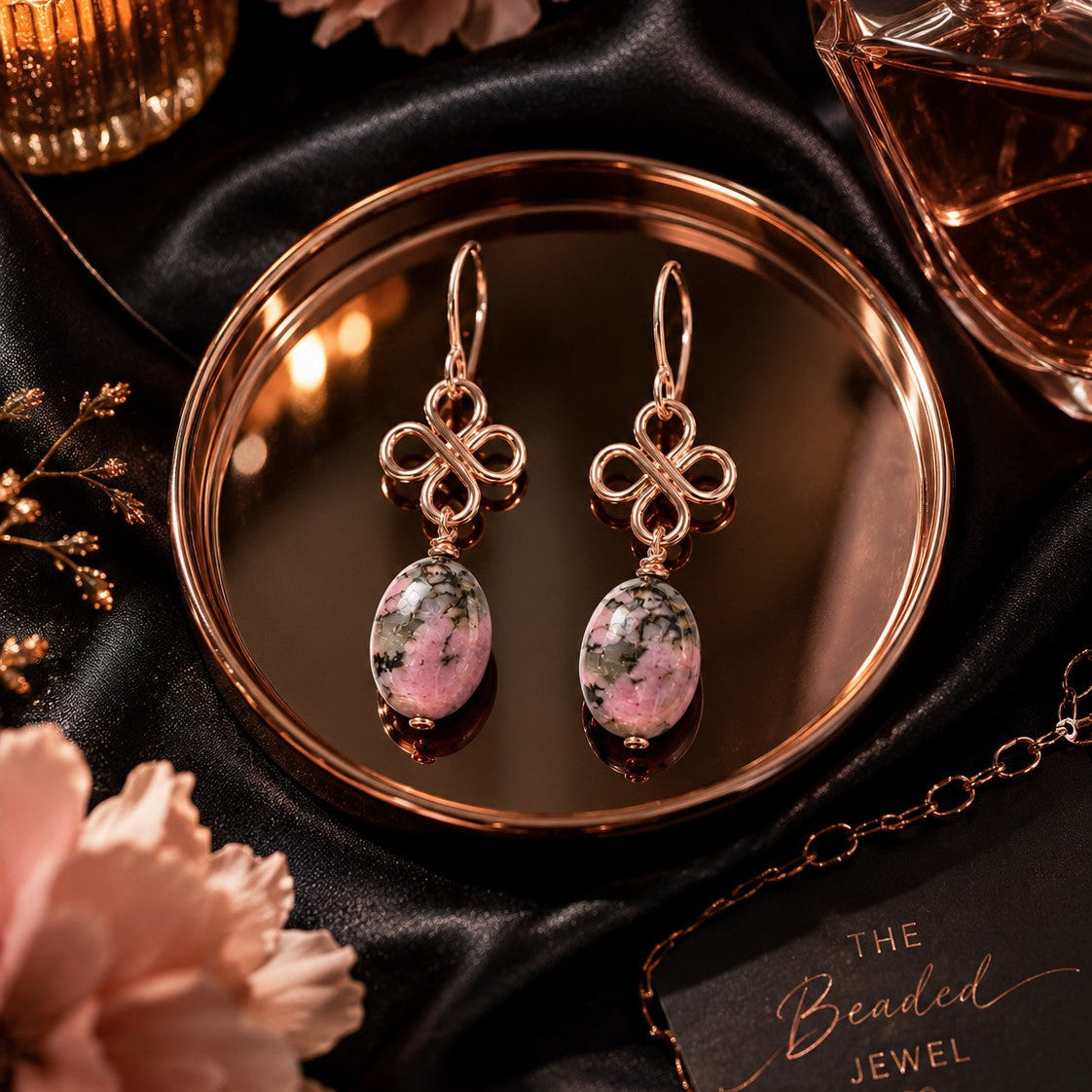 Handmade Rhodonite Earrings | Pink Gemstone Rose Gold Wire Wrapped Earrings | Natural Stone Dangle Earrings | Gift for Her