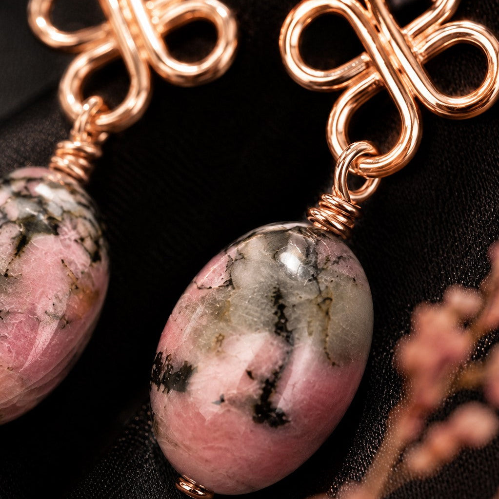 Handmade Rhodonite Earrings | Pink Gemstone Rose Gold Wire Wrapped Earrings | Natural Stone Dangle Earrings | Gift for Her