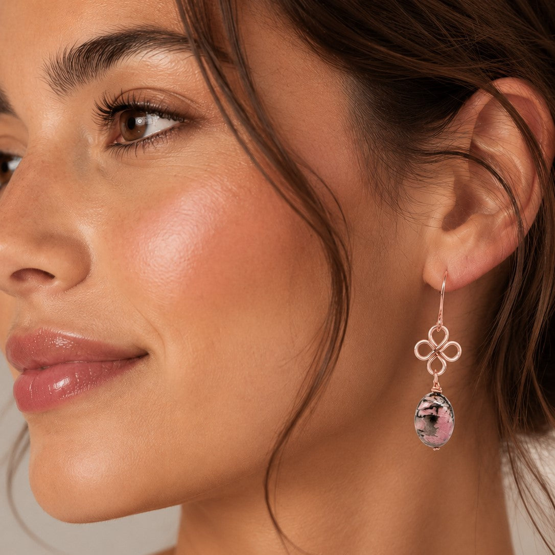 Handmade Rhodonite Earrings | Pink Gemstone Rose Gold Wire Wrapped Earrings | Natural Stone Dangle Earrings | Gift for Her