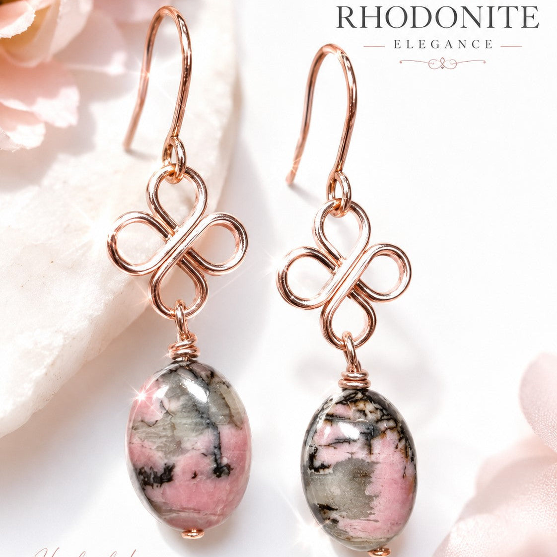 Handmade Rhodonite Earrings | Pink Gemstone Rose Gold Wire Wrapped Earrings | Natural Stone Dangle Earrings | Gift for Her