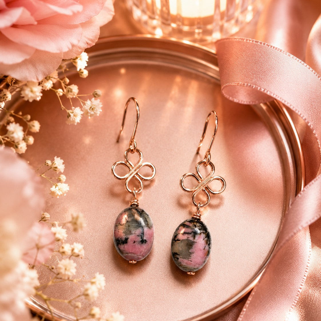 Handmade Rhodonite Earrings | Pink Gemstone Rose Gold Wire Wrapped Earrings | Natural Stone Dangle Earrings | Gift for Her
