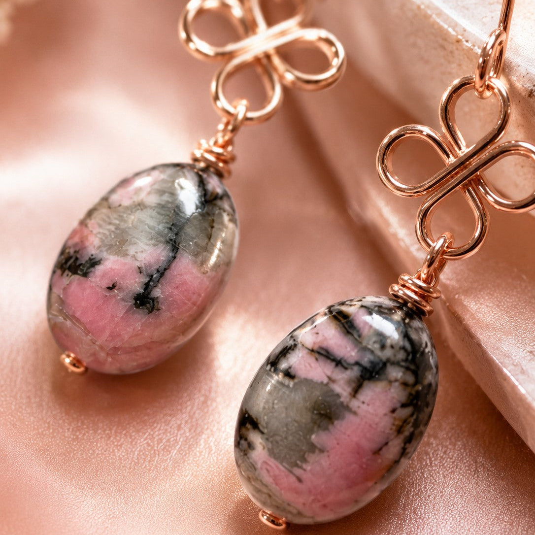 Handmade Rhodonite Earrings | Pink Gemstone Rose Gold Wire Wrapped Earrings | Natural Stone Dangle Earrings | Gift for Her