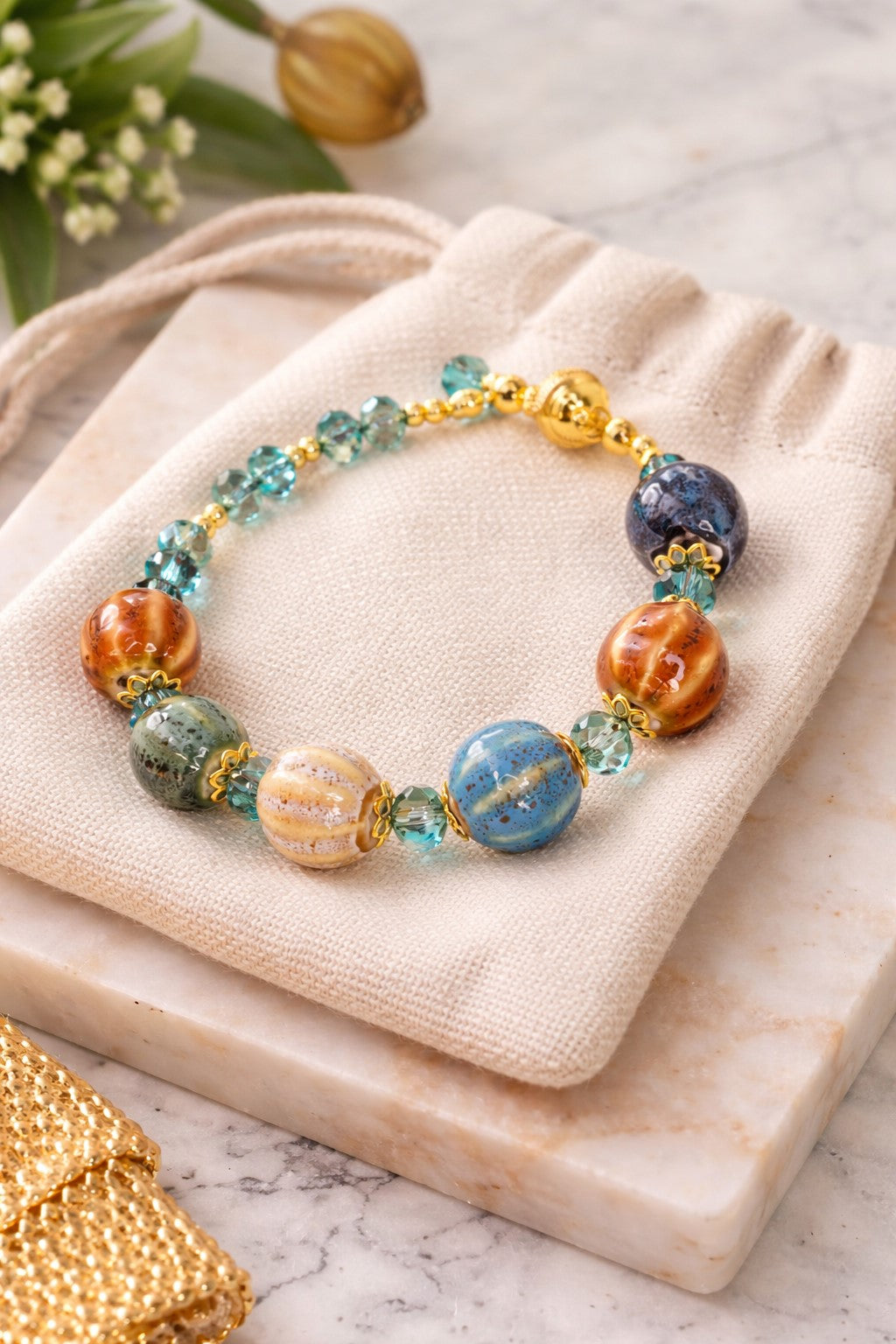 Pumpkin Charm and Crystal Fall Beaded Bracelet, Bracelet with Pumpkin Charms Crystal Bracelet