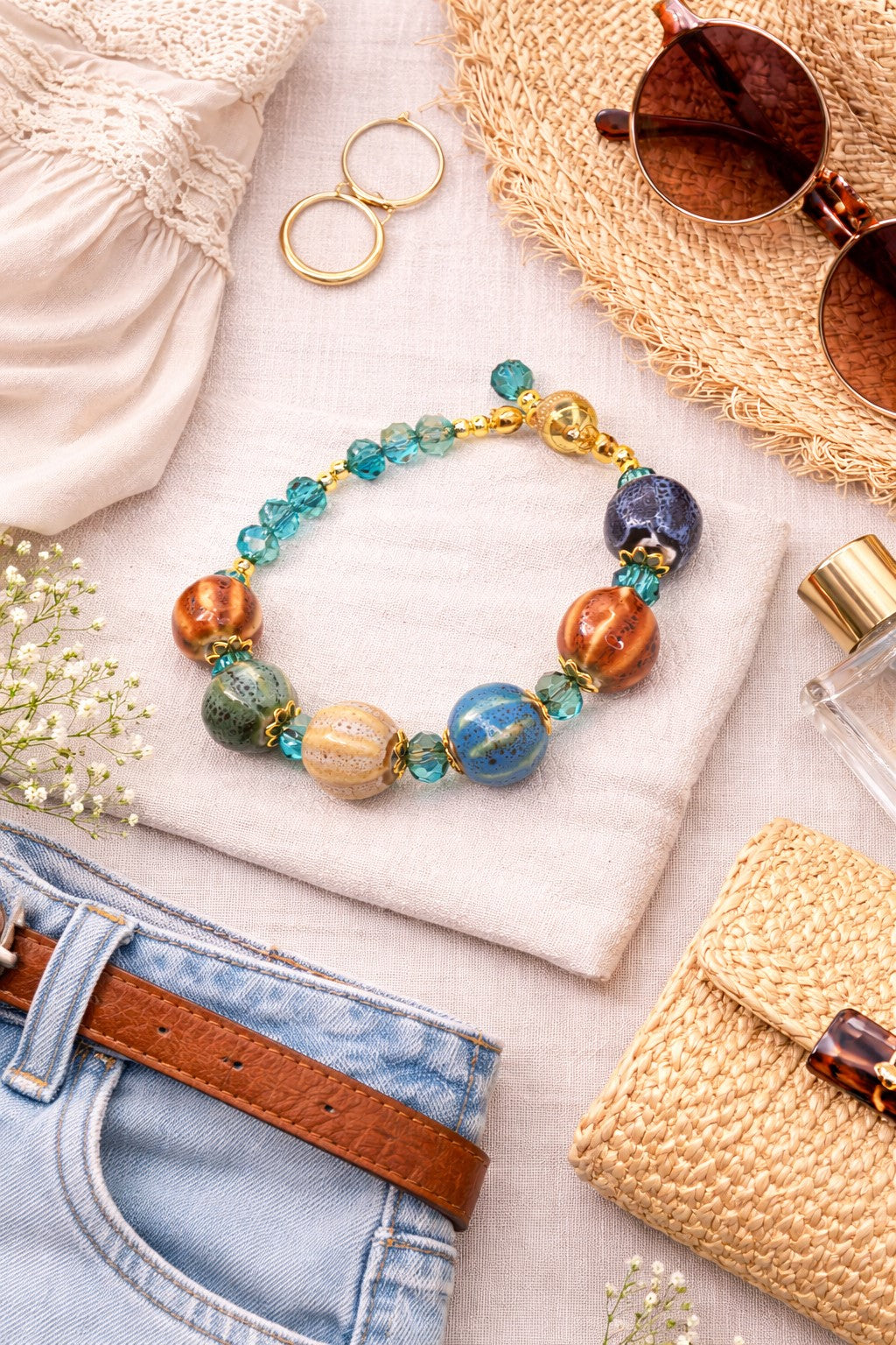 Pumpkin Charm and Crystal Fall Beaded Bracelet, Bracelet with Pumpkin Charms Crystal Bracelet