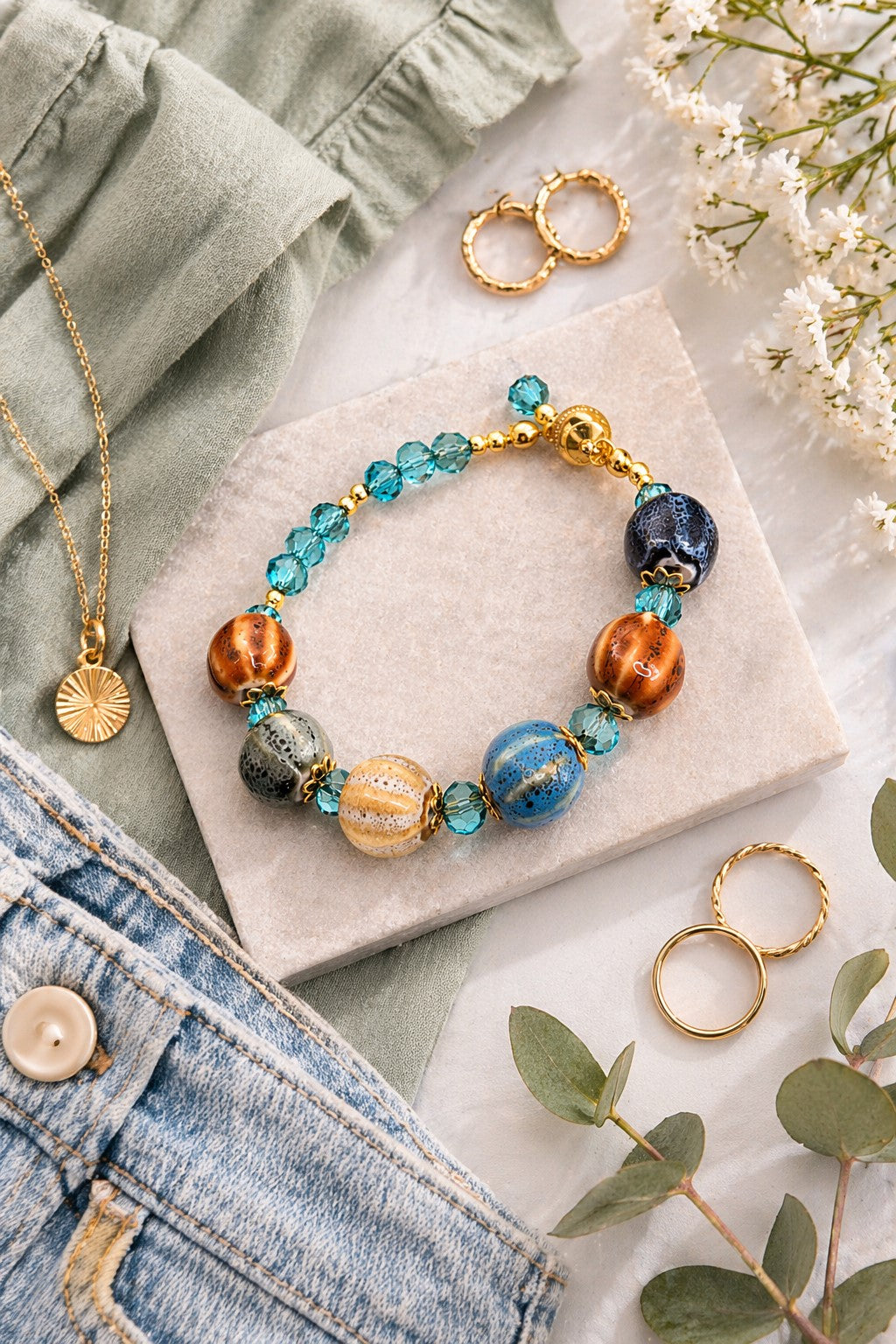 Pumpkin Charm and Crystal Fall Beaded Bracelet, Bracelet with Pumpkin Charms Crystal Bracelet