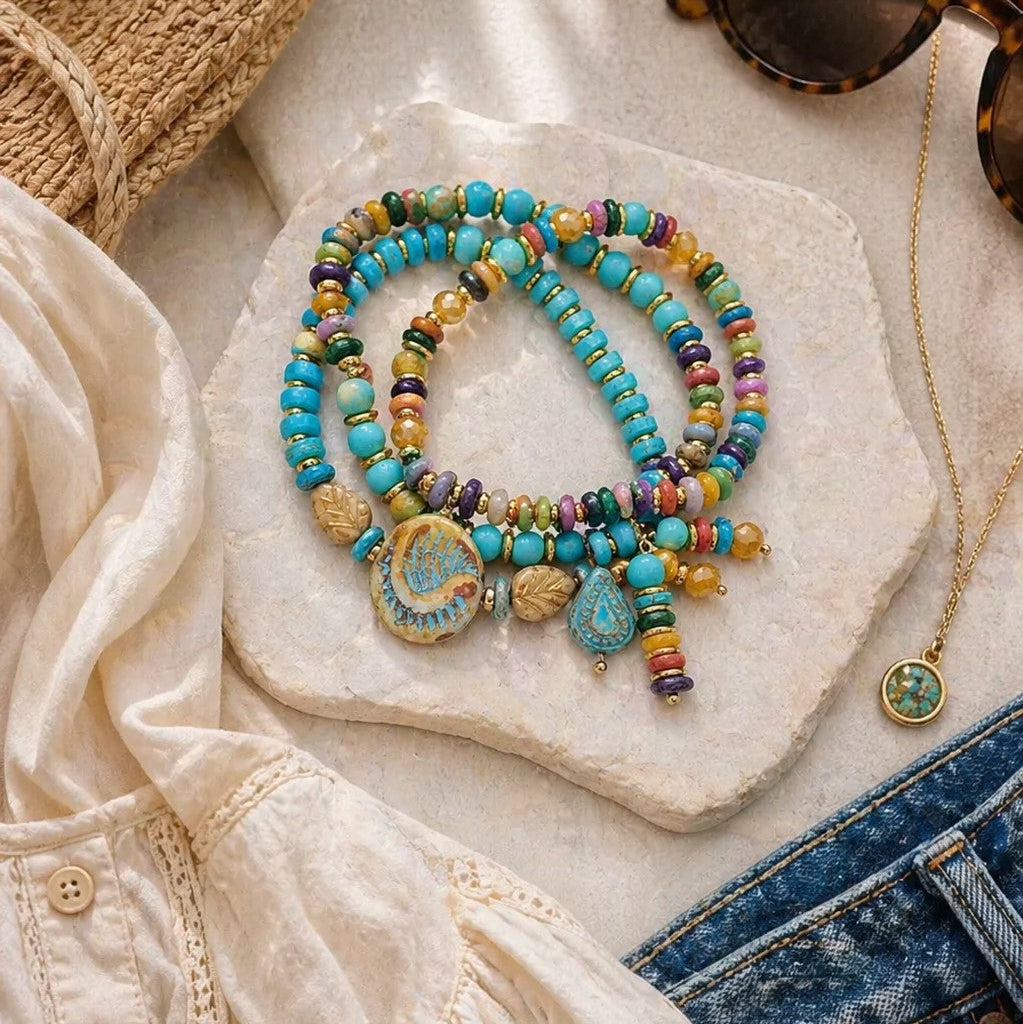 Boho Beaded Charm Bracelet, Blue Beaded Stretch Bracelet