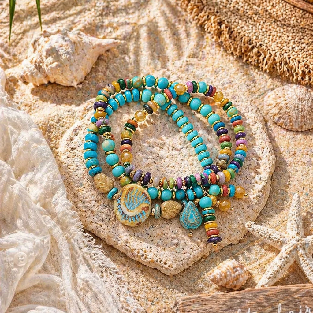 Boho Beaded Charm Bracelet, Blue Beaded Stretch Bracelet