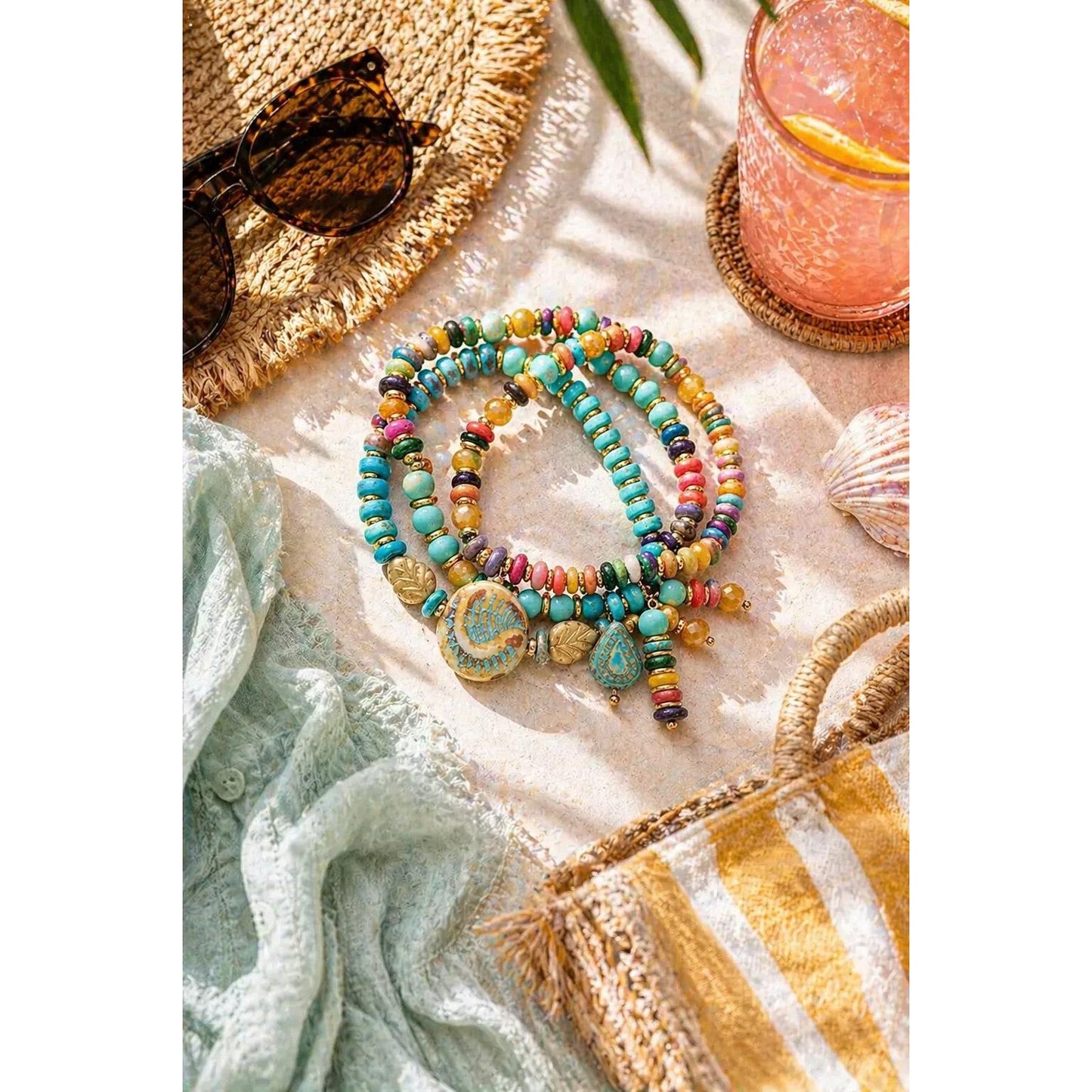 Boho Beaded Charm Bracelet, Blue Beaded Stretch Bracelet