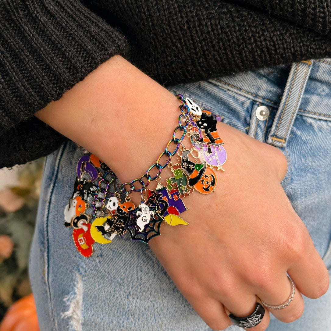 Halloween Charm Bracelet, Pumpkins, Ghost, Spider Webs, Cat, Moon