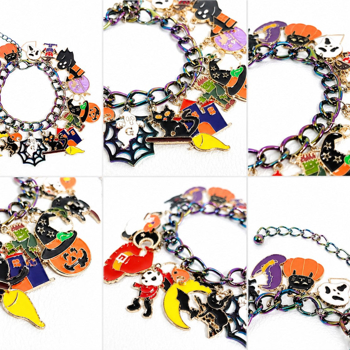 Halloween Charm Bracelet, Pumpkins, Ghost, Spider Webs, Cat, Moon