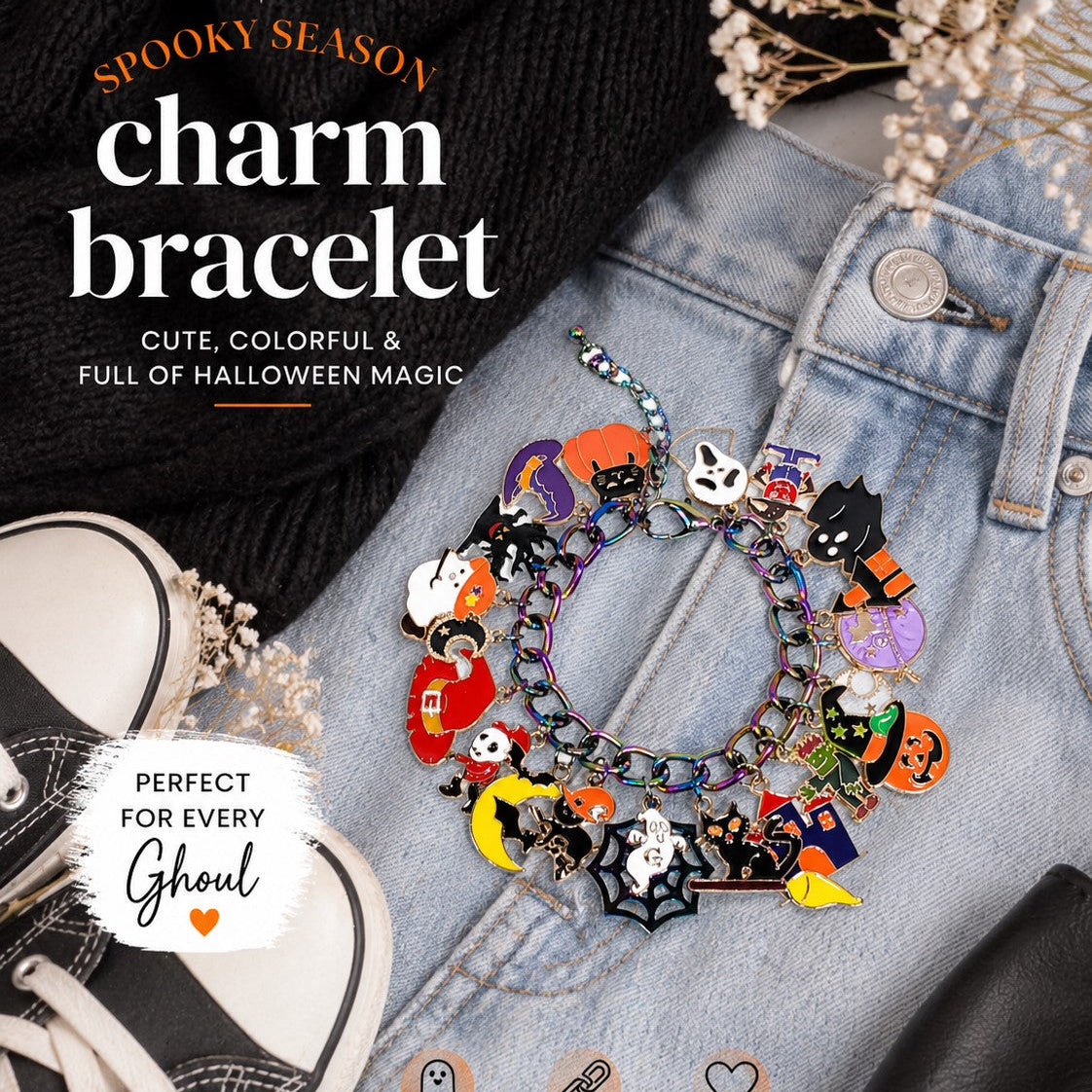 Halloween Charm Bracelet, Pumpkins, Ghost, Spider Webs, Cat, Moon