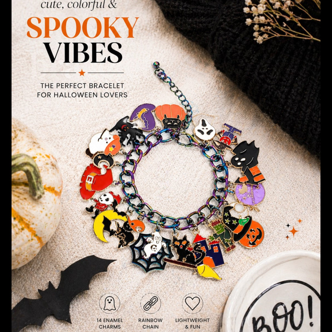 Halloween Charm Bracelet, Pumpkins, Ghost, Spider Webs, Cat, Moon