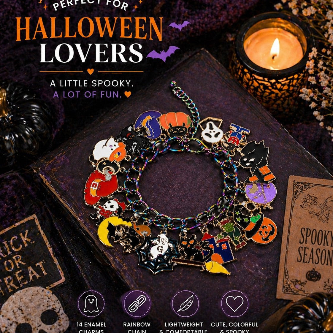 Halloween Charm Bracelet, Pumpkins, Ghost, Spider Webs, Cat, Moon