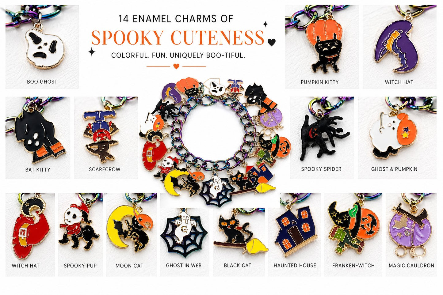 Halloween Charm Bracelet, Pumpkins, Ghost, Spider Webs, Cat, Moon