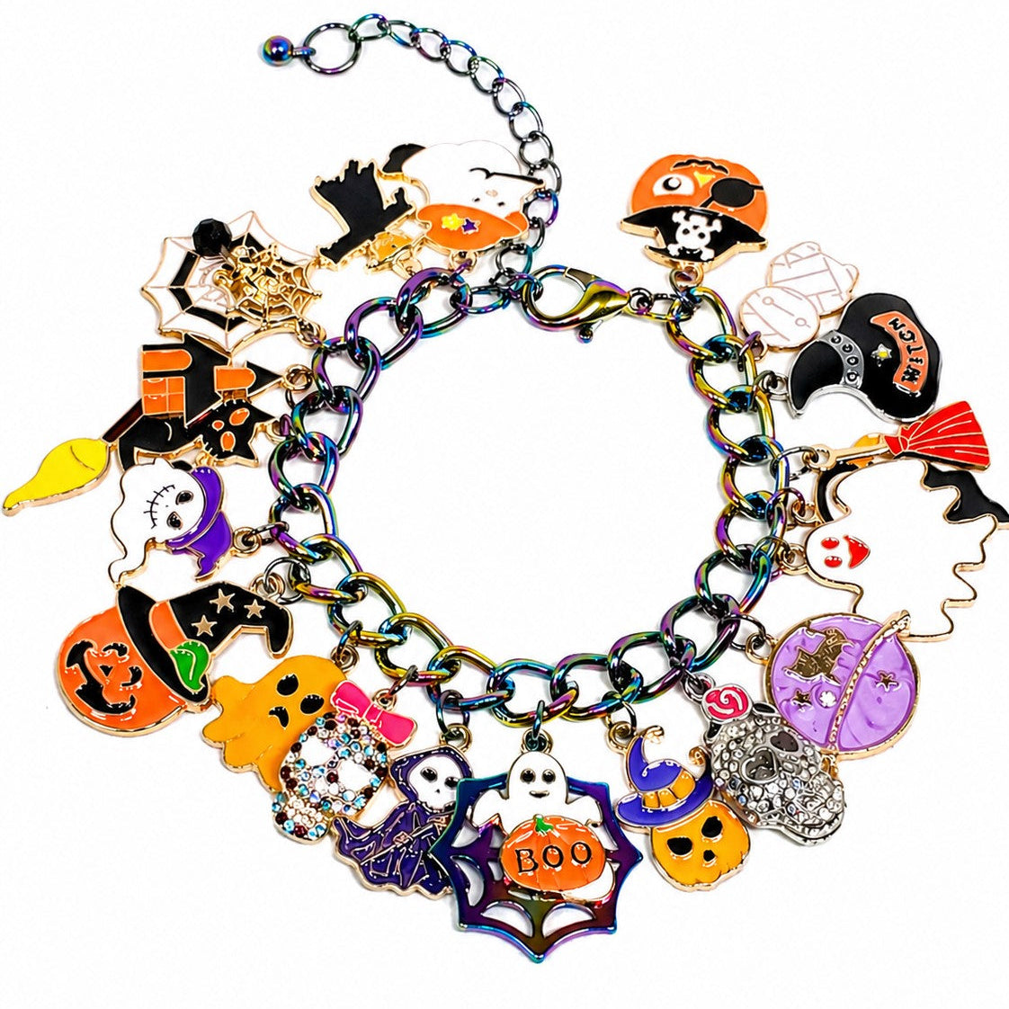 Halloween Charm Bracelet, Spooky Jewelry, Ghost Pumpkin Cat Bracelet, Witch Bracelet, Fall Jewelry Gift, Cute Halloween Accessories