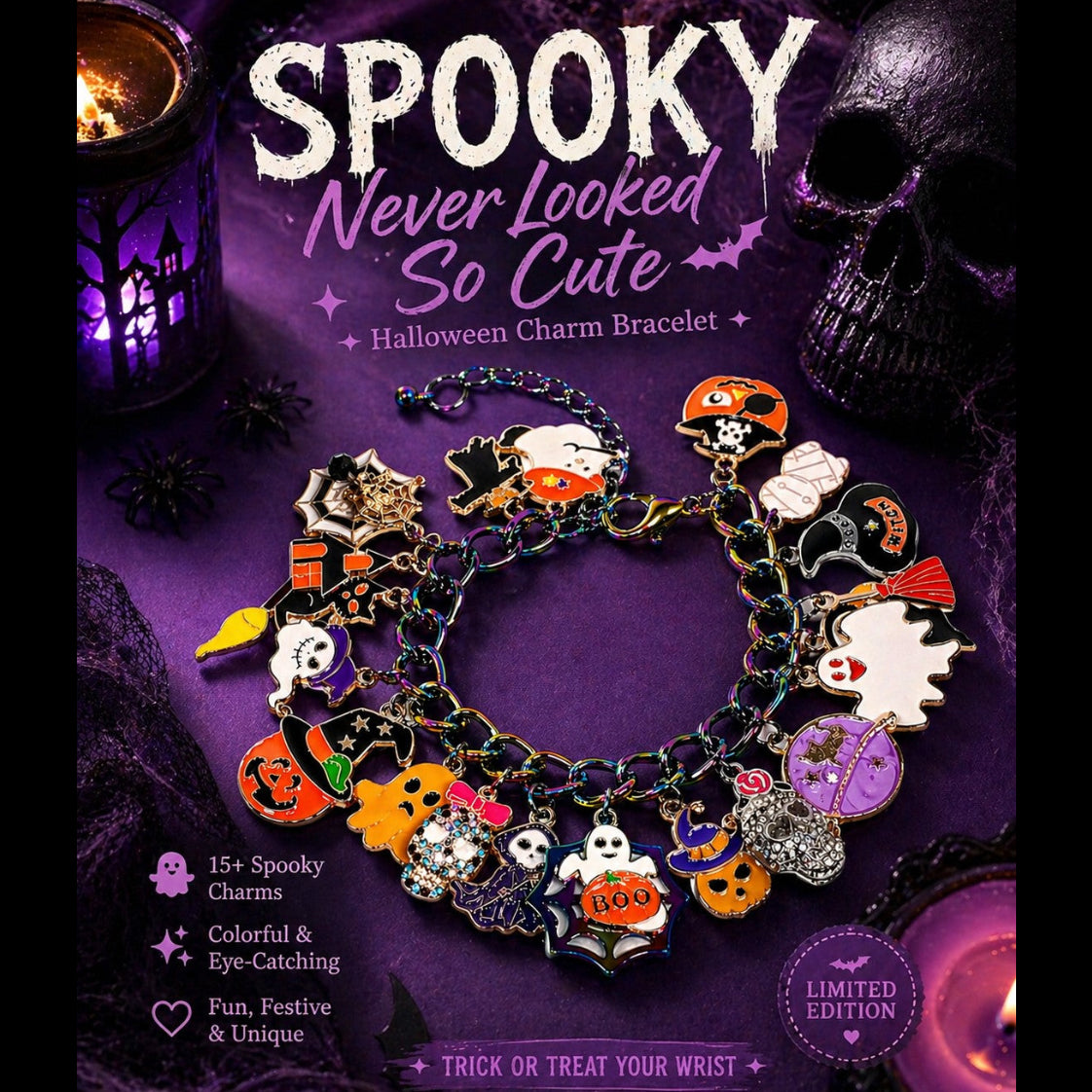 Halloween Charm Bracelet, Spooky Jewelry, Ghost Pumpkin Cat Bracelet, Witch Bracelet, Fall Jewelry Gift, Cute Halloween Accessories