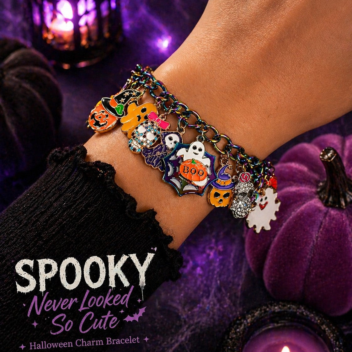 Halloween Charm Bracelet, Spooky Jewelry, Ghost Pumpkin Cat Bracelet, Witch Bracelet, Fall Jewelry Gift, Cute Halloween Accessories