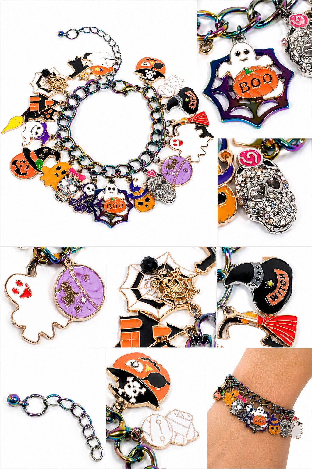 Halloween Charm Bracelet, Spooky Jewelry, Ghost Pumpkin Cat Bracelet, Witch Bracelet, Fall Jewelry Gift, Cute Halloween Accessories