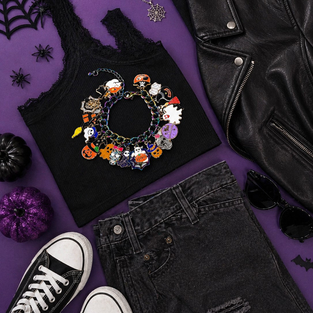 Halloween Charm Bracelet, Spooky Jewelry, Ghost Pumpkin Cat Bracelet, Witch Bracelet, Fall Jewelry Gift, Cute Halloween Accessories