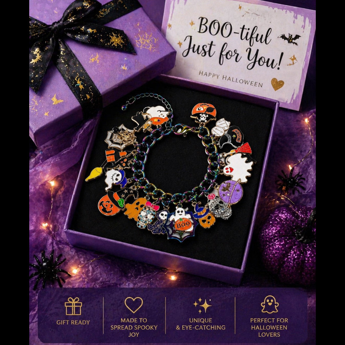 Halloween Charm Bracelet, Spooky Jewelry, Ghost Pumpkin Cat Bracelet, Witch Bracelet, Fall Jewelry Gift, Cute Halloween Accessories