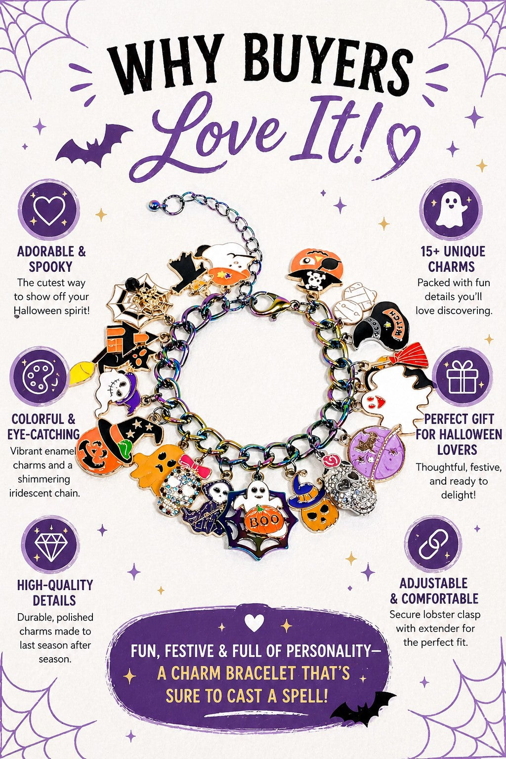 Halloween Charm Bracelet, Spooky Jewelry, Ghost Pumpkin Cat Bracelet, Witch Bracelet, Fall Jewelry Gift, Cute Halloween Accessories
