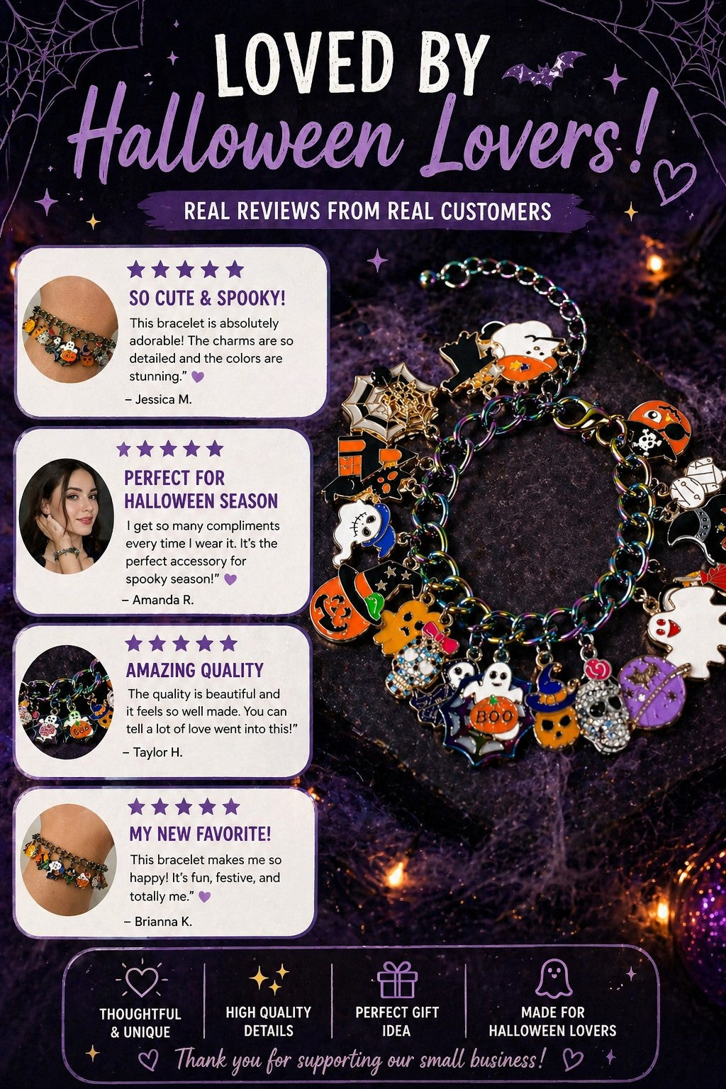 Halloween Charm Bracelet, Spooky Jewelry, Ghost Pumpkin Cat Bracelet, Witch Bracelet, Fall Jewelry Gift, Cute Halloween Accessories