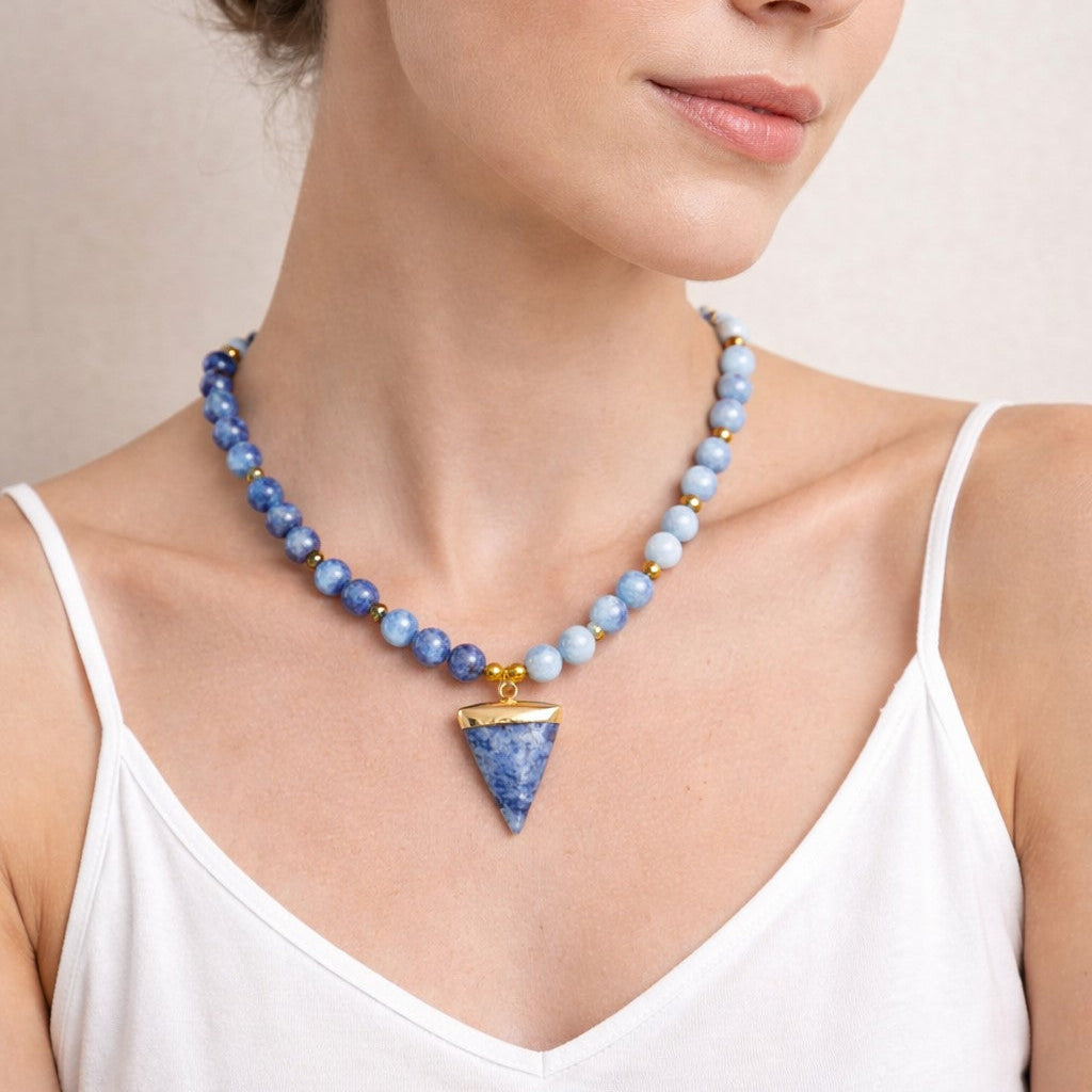 Sodalite and Agate Necklace Blue & Gold Gemstone Necklace with Agate, Sodalite, along with a Sodalite and Brass Pendant