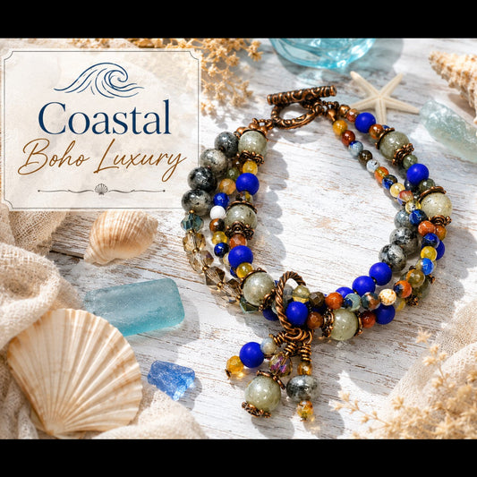 Labradorite Crystal Charm Bracelet – Triple Layer Wire Wrapped Boho Gemstone Jewelry – Multi-Stone Beaded Bracelet for Women