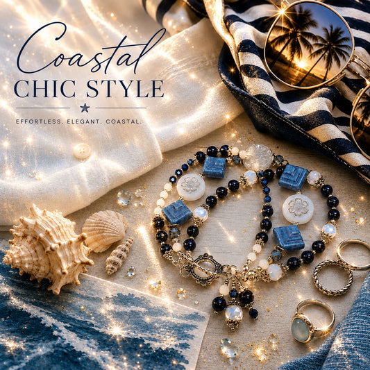 Three Strand Blue Tourmaline & Czech Glass Bracelet – Navy Blue Beaded Charm Bracelet – Floral Silver Toggle – Handmade Layered Bracelet