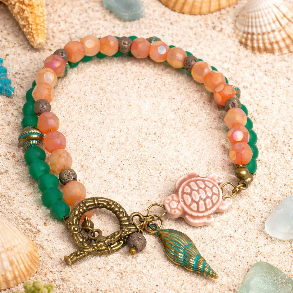 Sea Shell Sea Turtle Toggle Charm Bracelet
