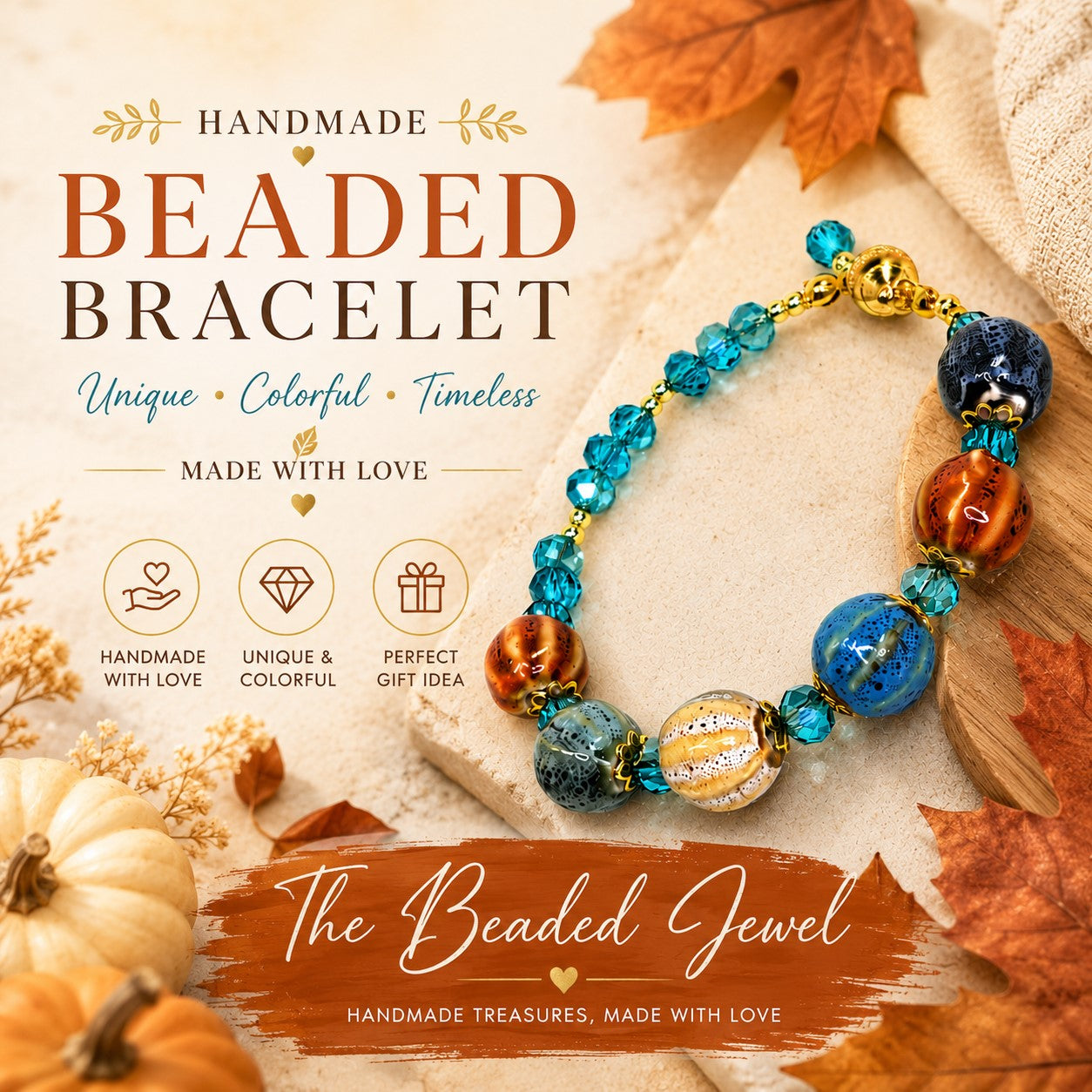 Pumpkin Charm and Crystal Fall Beaded Bracelet, Bracelet with Pumpkin Charms Crystal Bracelet