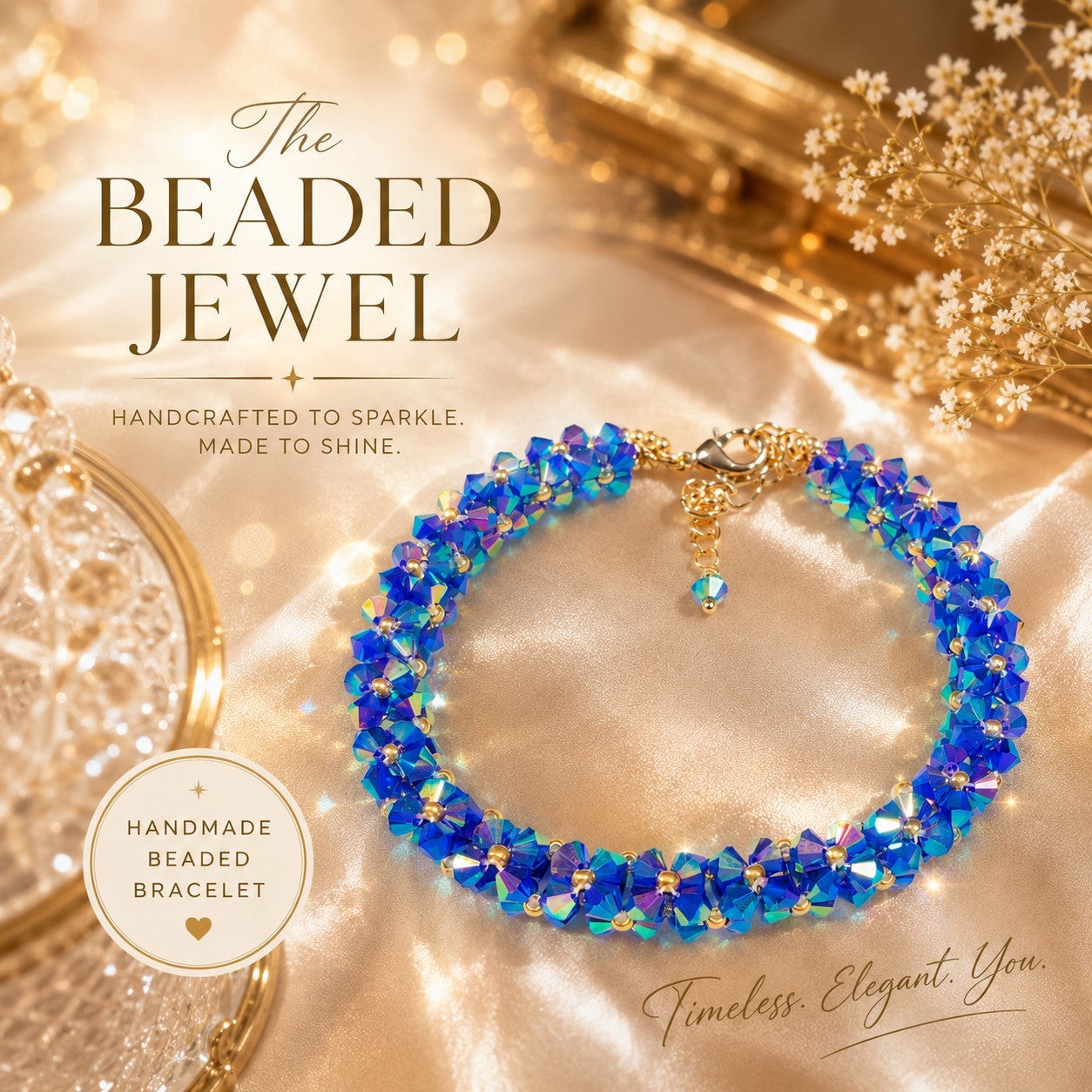 Handcrafted Blue AB Crystal Bicone Adjustable Bracelet