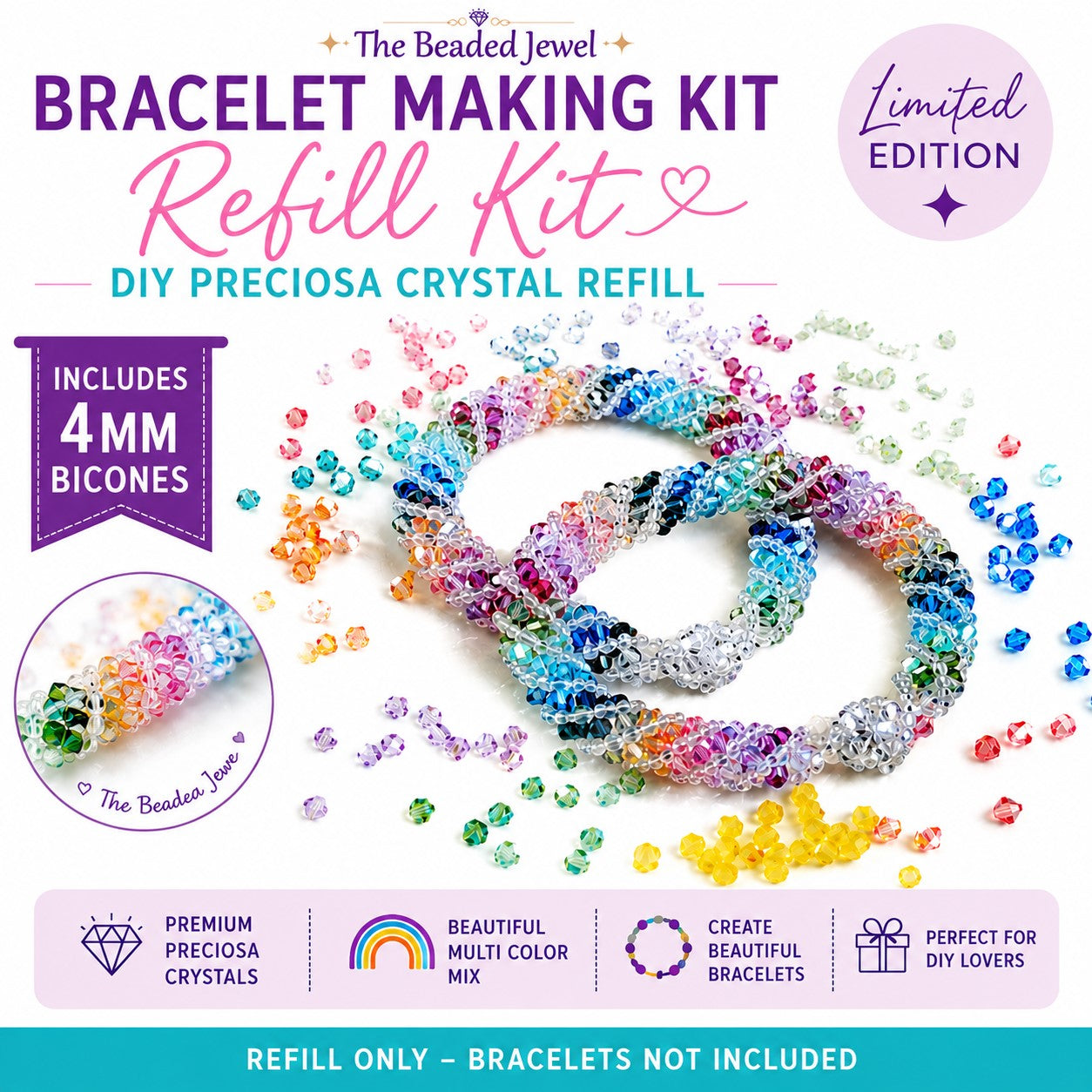 Multi Color Bracelet Refill Kit, DIY Preciosa Crystal Refill Bracelet Kit 4mm Bicones, Handmade Jewelry, Statement Bracelet, Beading Kits