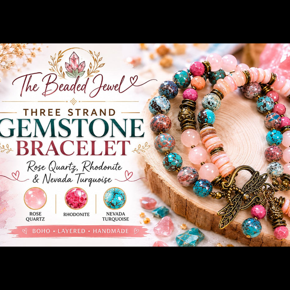 Three Strand Gemstone Bracelet – Rose Quartz, Rhodonite & Nevada Turquoise – Boho Layered Beaded Bracelet