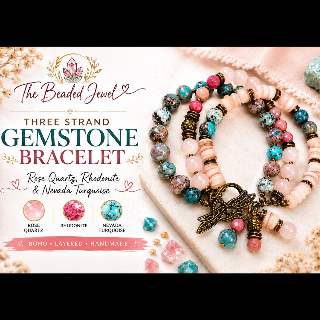 Three Strand Gemstone Bracelet – Rose Quartz, Rhodonite & Nevada Turquoise – Boho Layered Beaded Bracelet