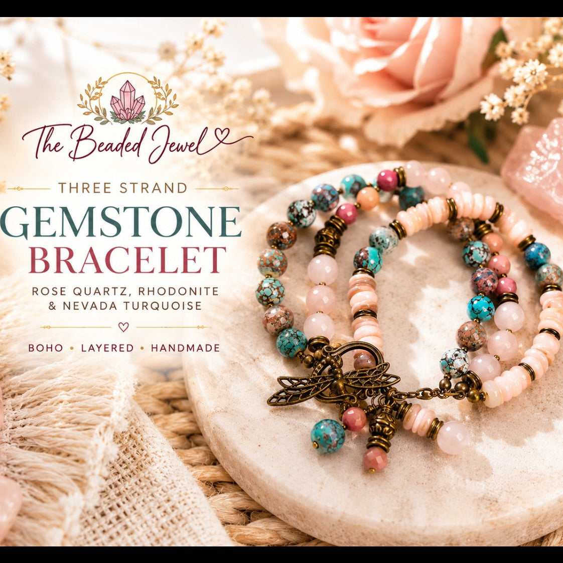 Three Strand Gemstone Bracelet – Rose Quartz, Rhodonite & Nevada Turquoise – Boho Layered Beaded Bracelet