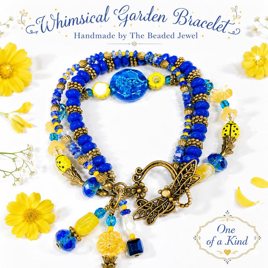 Blue & Yellow Floral Beaded Bracelet – Boho Wrap Bracelet with Butterfly Clasp, Handmade Artisan Jewelry