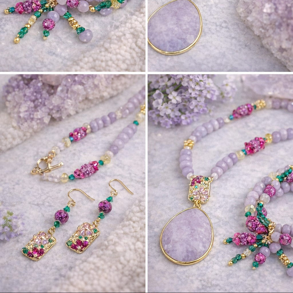 Crystal Flowers Collection | Purple Lepidolite Summer Necklace Set | Boho Necklace Set | Handmade Jewelry Set