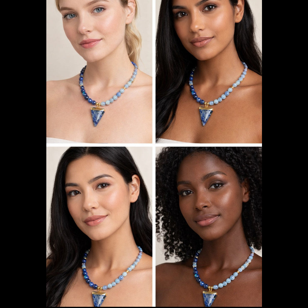 Sodalite and Agate Necklace Blue & Gold Gemstone Necklace with Agate, Sodalite, along with a Sodalite and Brass Pendant