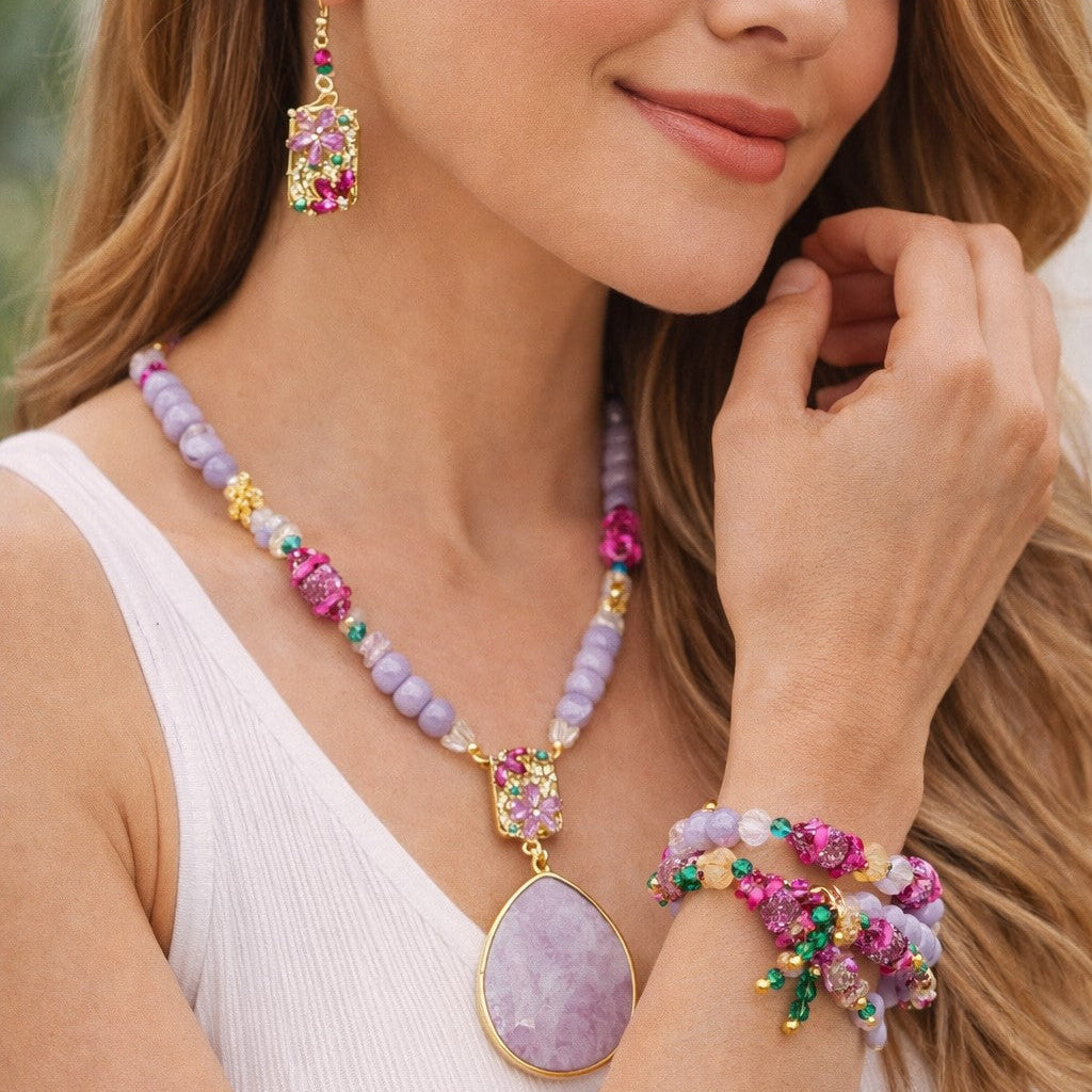 Crystal Flowers Collection | Purple Lepidolite Summer Necklace Set | Boho Necklace Set | Handmade Jewelry Set