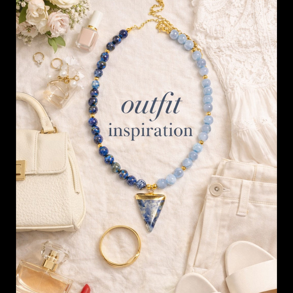 Sodalite and Agate Necklace Blue & Gold Gemstone Necklace with Agate, Sodalite, along with a Sodalite and Brass Pendant