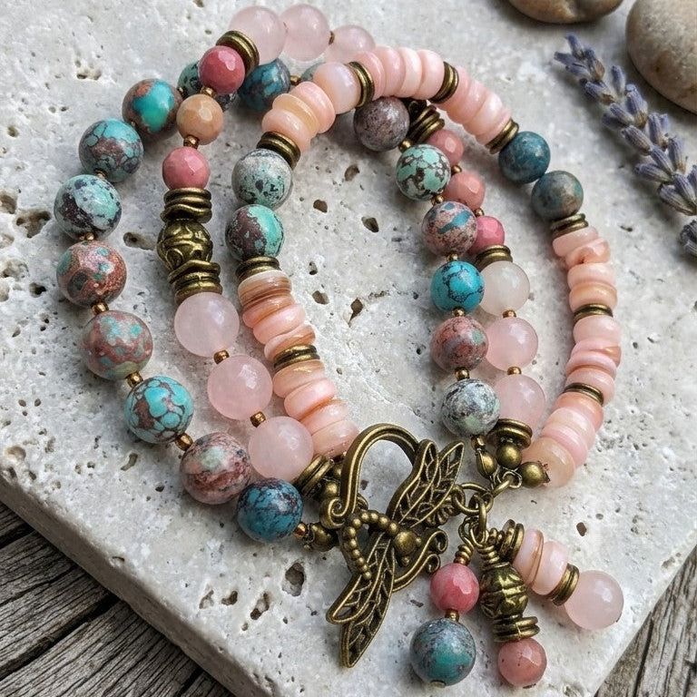 Three Strand Gemstone Bracelet – Rose Quartz, Rhodonite & Nevada Turquoise – Boho Layered Beaded Bracelet