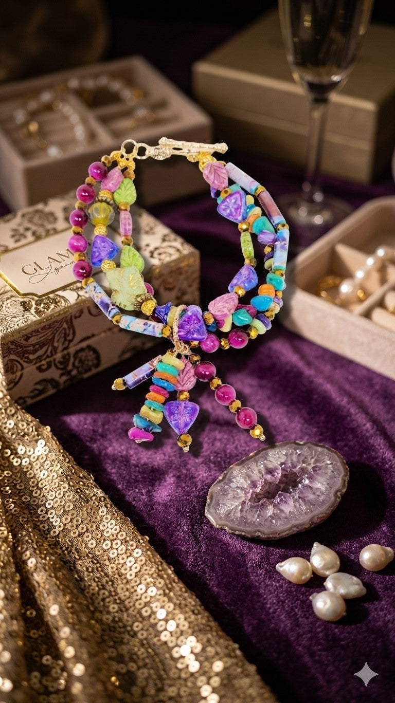 Enchanted Jewel Tones Boho Charm Bracelet, Beaded Wire Bracelet