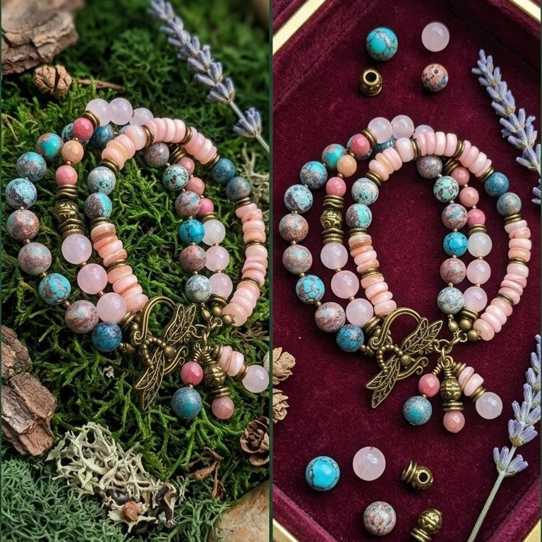 Three Strand Gemstone Bracelet – Rose Quartz, Rhodonite & Nevada Turquoise – Boho Layered Beaded Bracelet