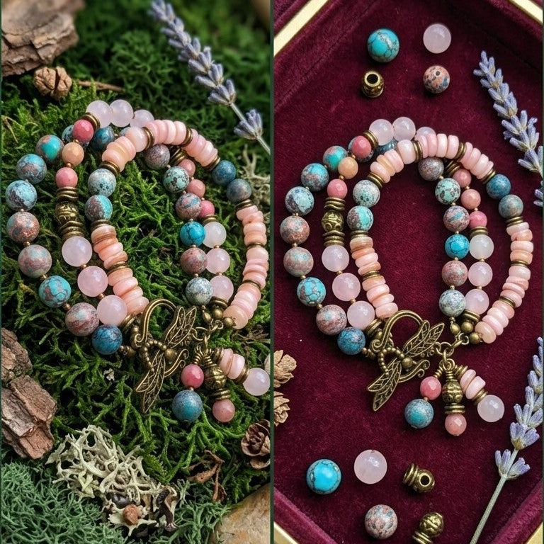 Three Strand Gemstone Bracelet – Rose Quartz, Rhodonite & Nevada Turquoise – Boho Layered Beaded Bracelet