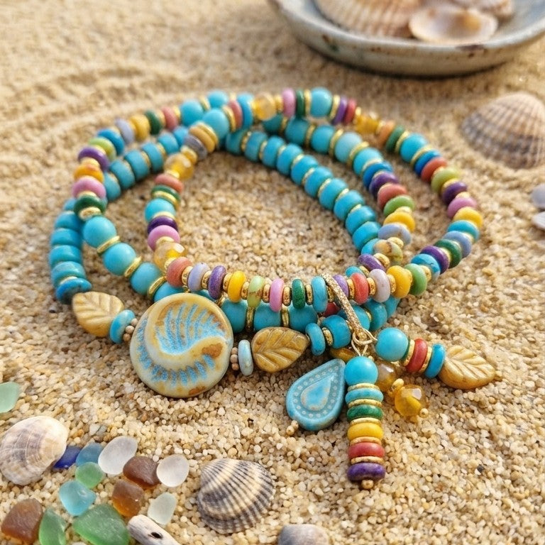 Boho Beaded Charm Bracelet, Blue Beaded Stretch Bracelet