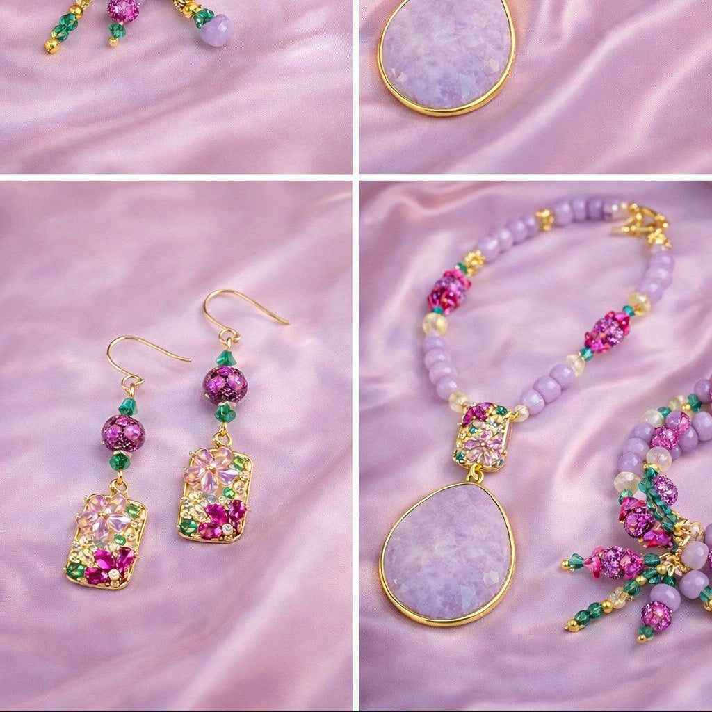 Crystal Flowers Collection | Purple Lepidolite Summer Necklace Set | Boho Necklace Set | Handmade Jewelry Set