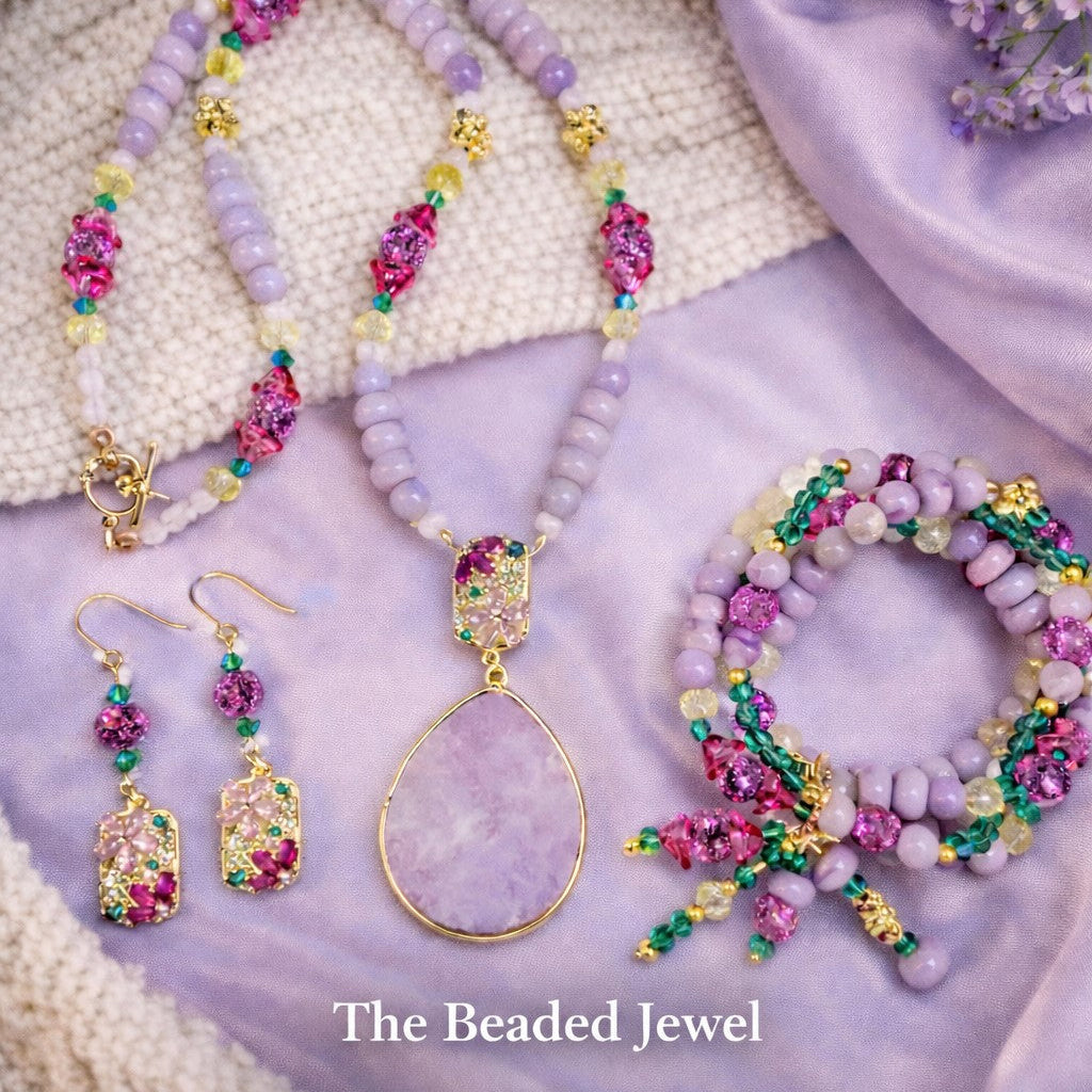 Crystal Flowers Collection | Purple Lepidolite Summer Necklace Set | Boho Necklace Set | Handmade Jewelry Set