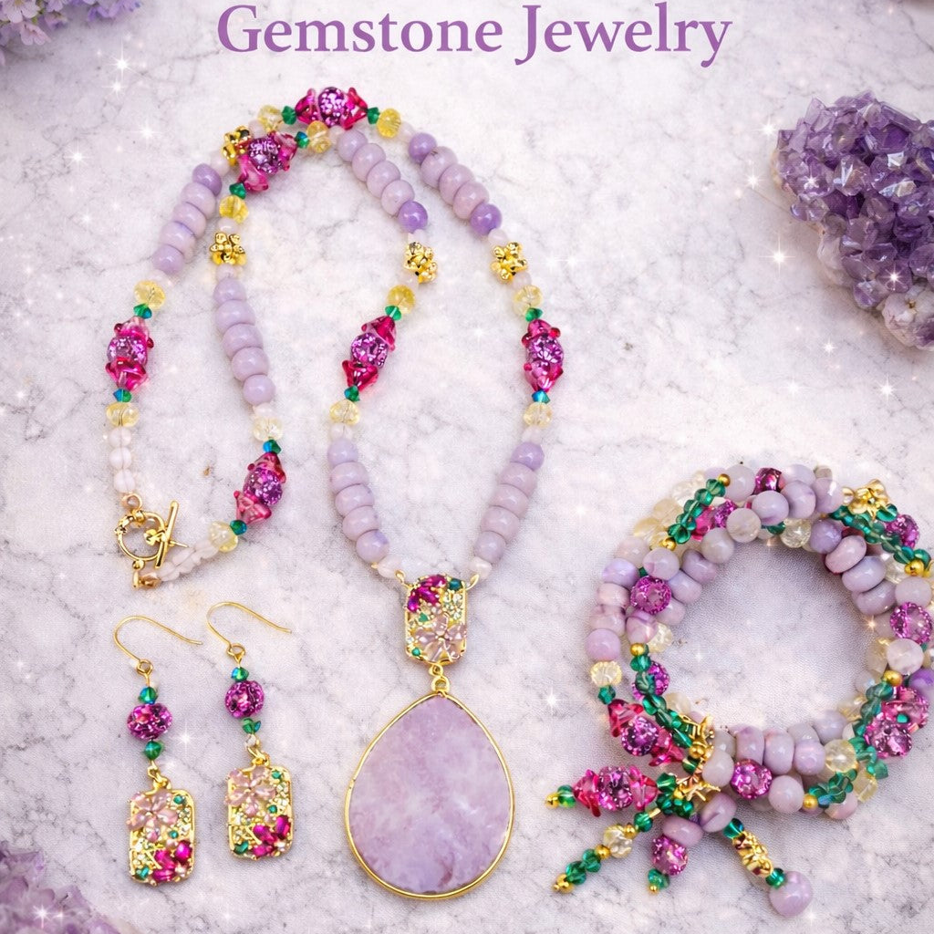 Crystal Flowers Collection | Purple Lepidolite Summer Necklace Set | Boho Necklace Set | Handmade Jewelry Set